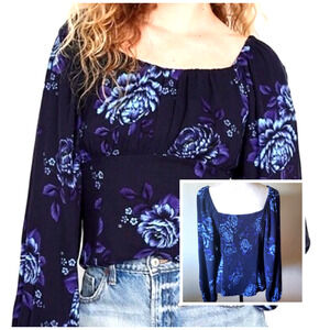 Y2k Old Navy Blue Floral Smocked Puff long Sleeve M Cottage Whimsigoth Fairygoth